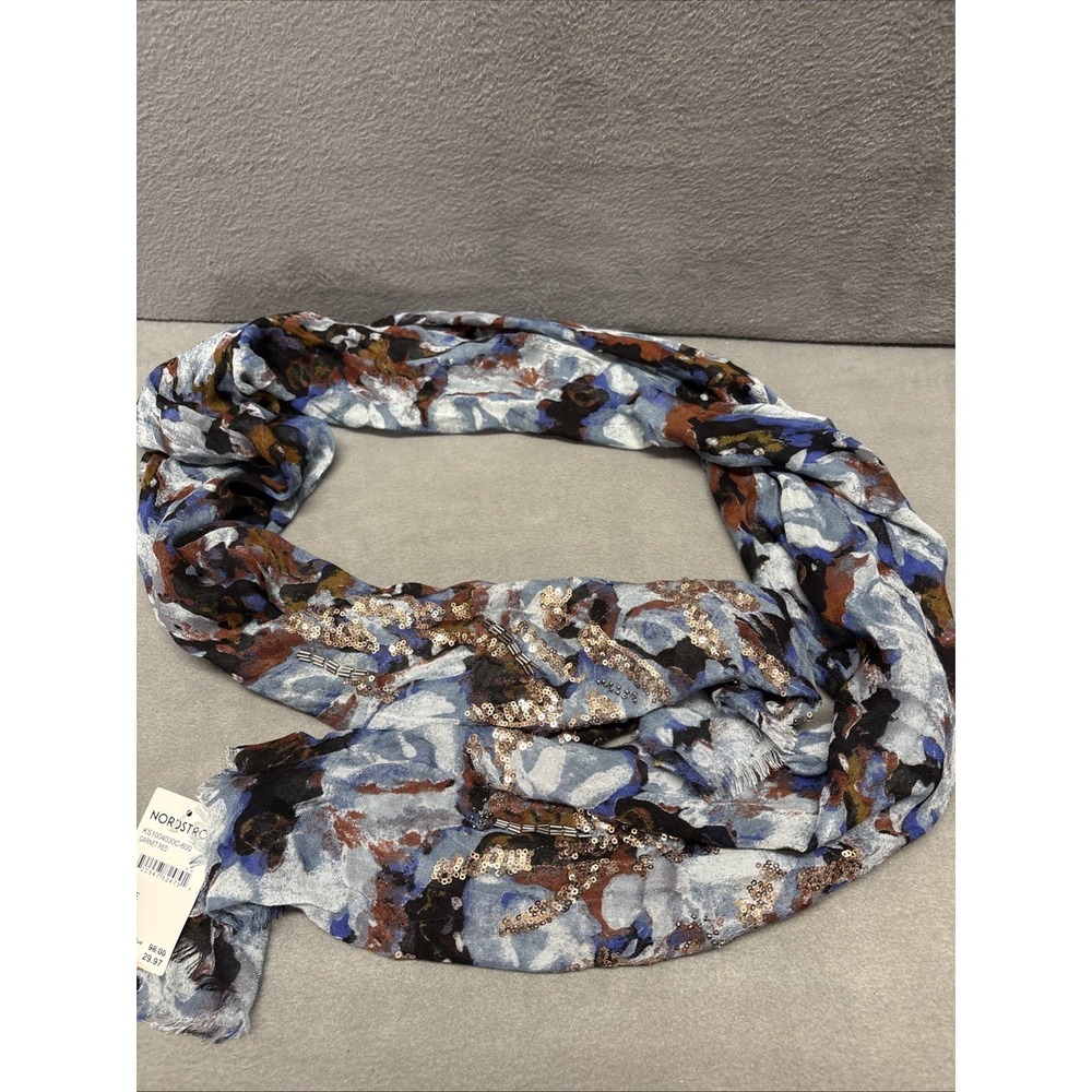 Vera Wang Scarf 6 Ft Long New With Tag Blue Brown Red Sequins And Beads